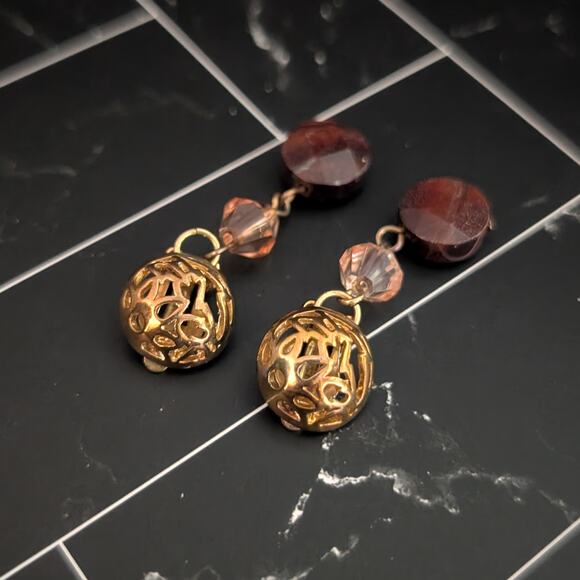 Vintage Birch Hill Clip On Earrings Brown Semi Precious Dangle - Fair Condition - Picture 2 of 11